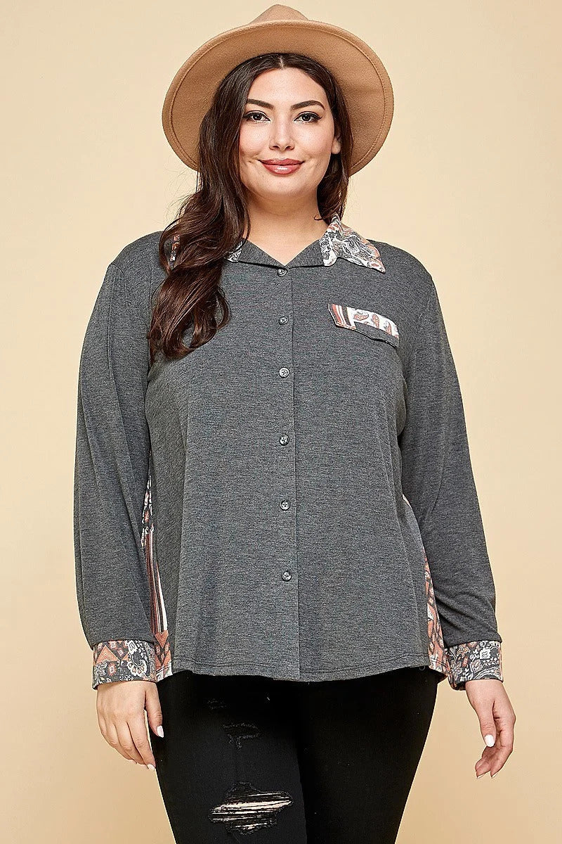 Junior Printed Patchwork Contrast Button Up Shirt - FabulousFixx