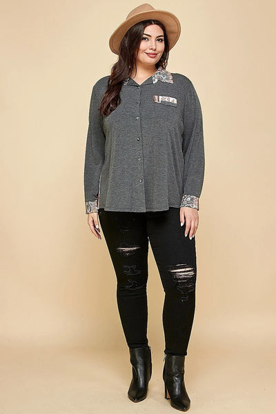 Junior Printed Patchwork Contrast Button Up Shirt - FabulousFixx