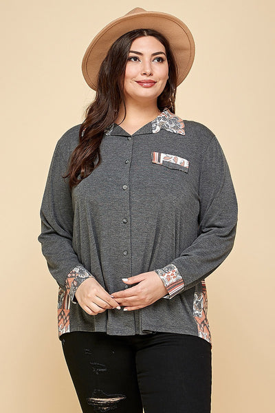 Junior Printed Patchwork Contrast Button Up Shirt - FabulousFixx