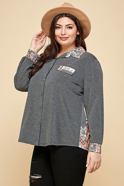 Junior Printed Patchwork Contrast Button Up Shirt - FabulousFixx