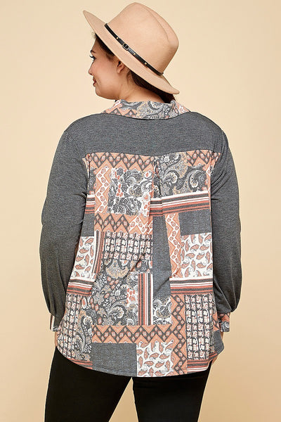 Junior Printed Patchwork Contrast Button Up Shirt - FabulousFixx