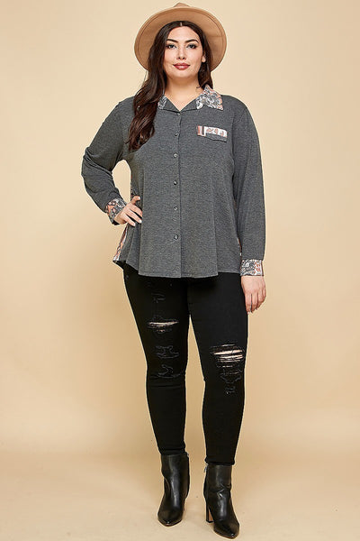 Junior Printed Patchwork Contrast Button Up Shirt - FabulousFixx