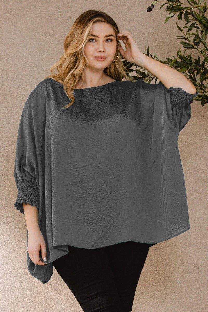Ember Jacquard Solid Woven Oversized Boatneck 3/4 Sleeve Blouse - FabulousFixx