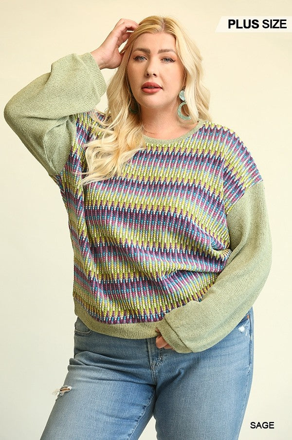 Novelty Knit and Solid Knit Mixed Loose Top with Drop Down Shoulder