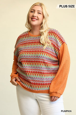Novelty Knit and Solid Knit Mixed Loose Top with Drop Down Shoulder - FabulousFixx
