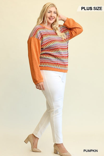 Novelty Knit and Solid Knit Mixed Loose Top with Drop Down Shoulder - FabulousFixx