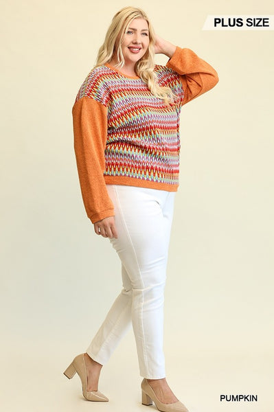 Novelty Knit and Solid Knit Mixed Loose Top with Drop Down Shoulder