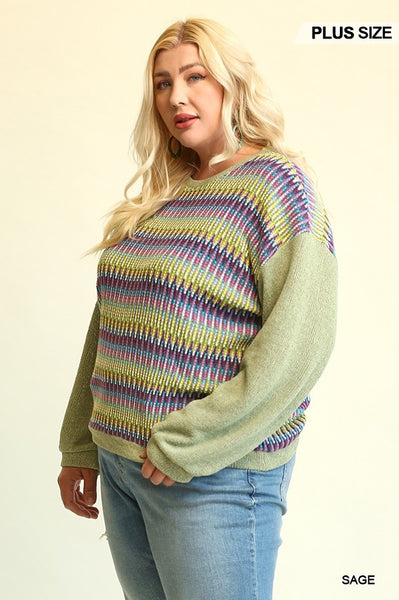 Novelty Knit and Solid Knit Mixed Loose Top with Drop Down Shoulder