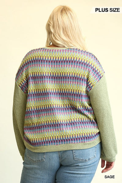 Novelty Knit and Solid Knit Mixed Loose Top with Drop Down Shoulder