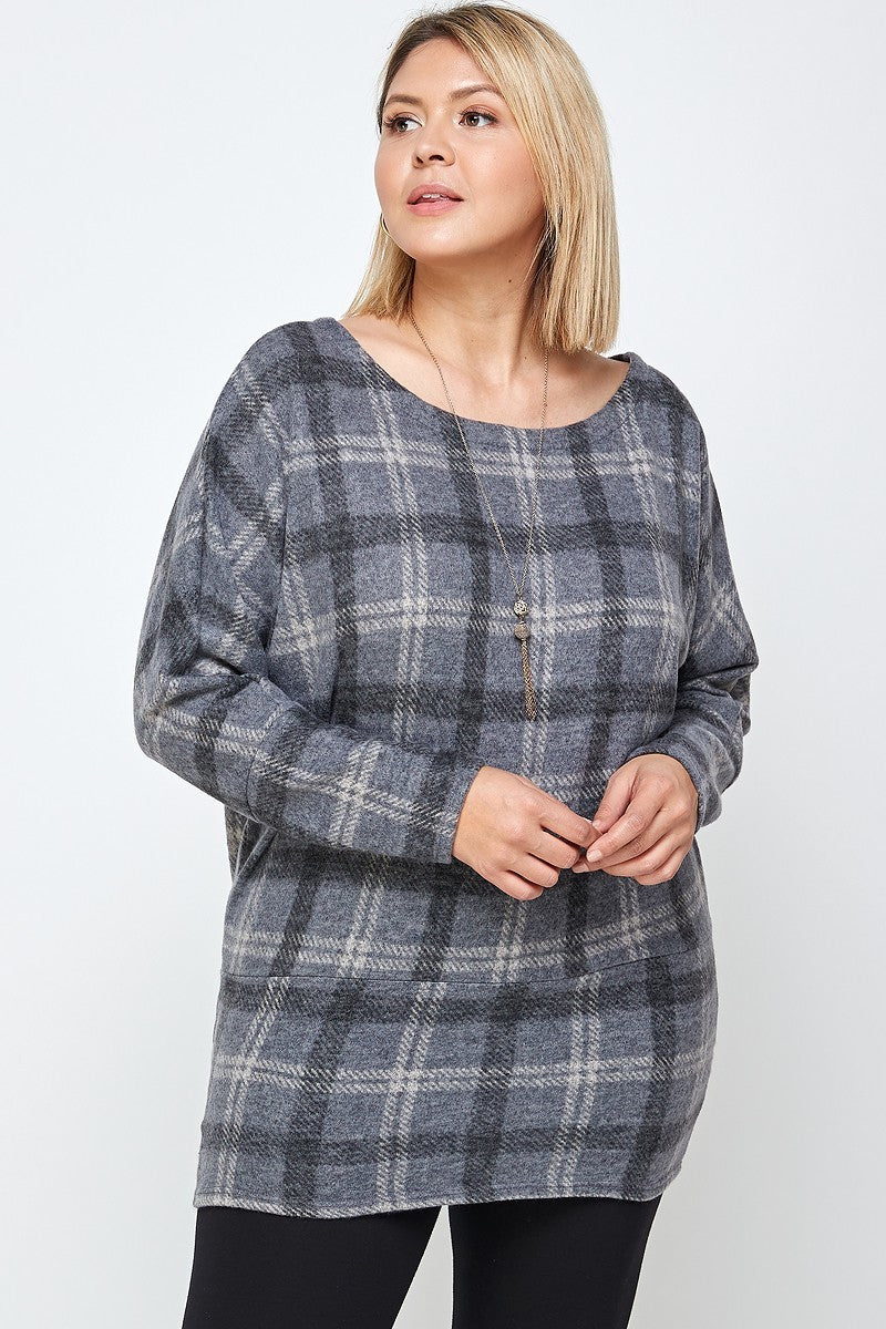 Boat Neck, Plaid Print Tunic Top, with Long Dolman Sleeves