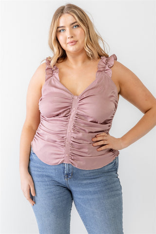 Junior Ruched Button-up Ruffle Strap Smocked Back Tank Top