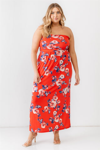 Red Rose Print Ruched Strapless Midi Dress