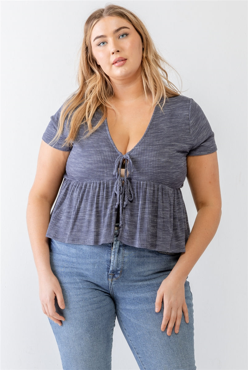 Denim Blue Ribbed U-Shape Neck Flare Hem Tie Top