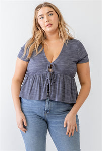 Denim Blue Ribbed U-Shape Neck Flare Hem Tie Top