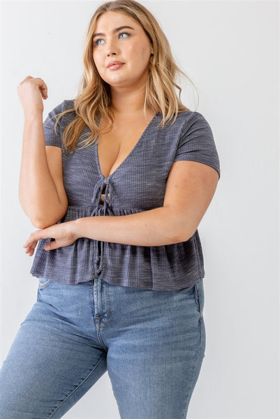 Denim Blue Ribbed U-Shape Neck Flare Hem Tie Top