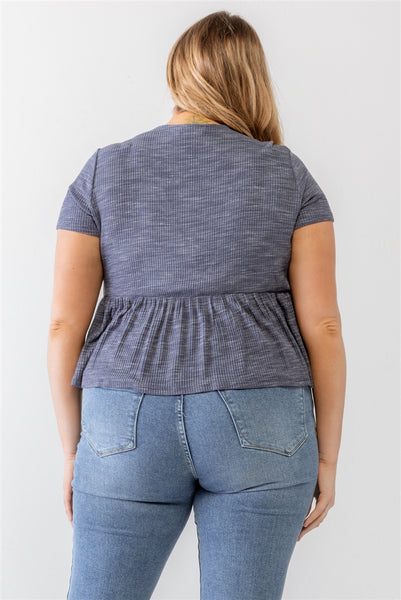 Denim Blue Ribbed U-Shape Neck Flare Hem Tie Top