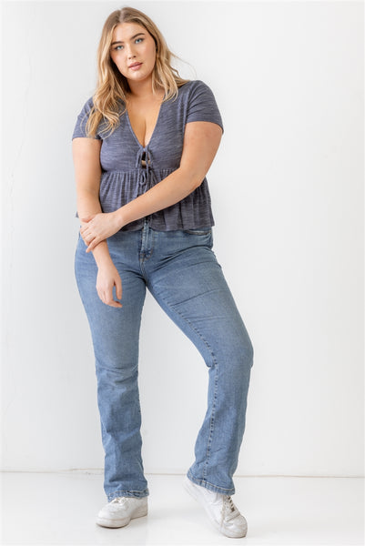 Denim Blue Ribbed U-Shape Neck Flare Hem Tie Top