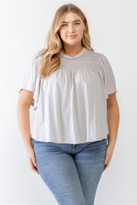 Grey Cotton Blend Smoked Short Sleeve Top
