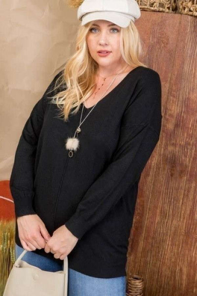 V-Neck 3/4 Sleeve Side Slit Hi-Lo Sweater