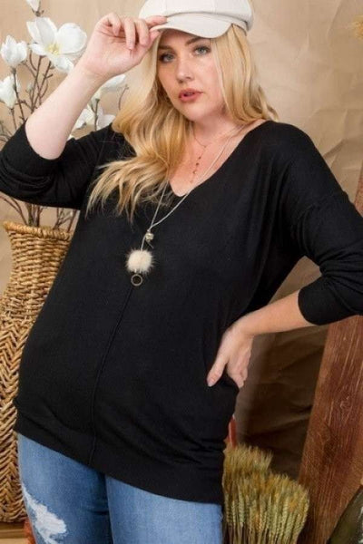 V-Neck 3/4 Sleeve Side Slit Hi-Lo Sweater
