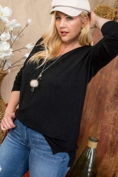 V-Neck 3/4 Sleeve Side Slit Hi-Lo Sweater