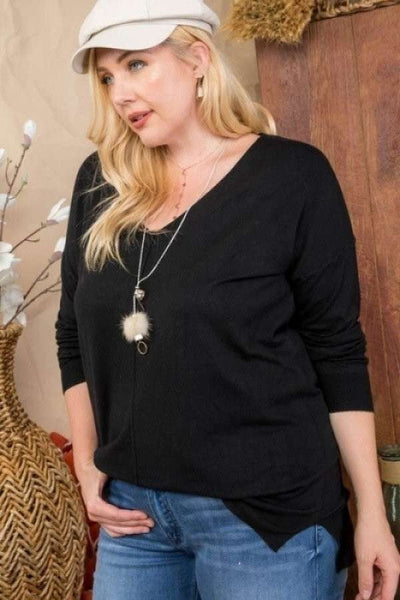 V-Neck 3/4 Sleeve Side Slit Hi-Lo Sweater