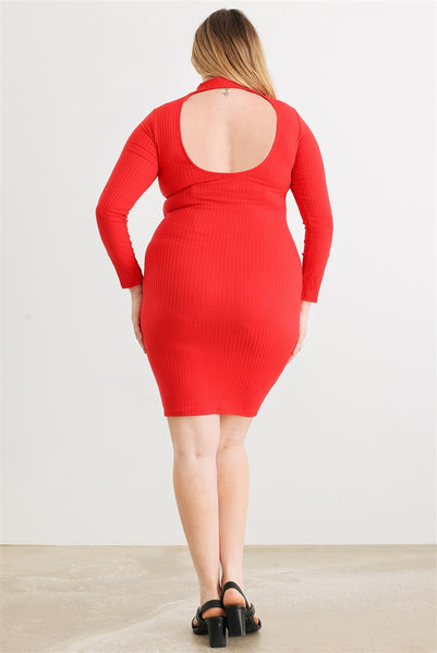 Junior Red Ribbed Long Sleeve Mock Neck Cut-Out Back Midi Dress