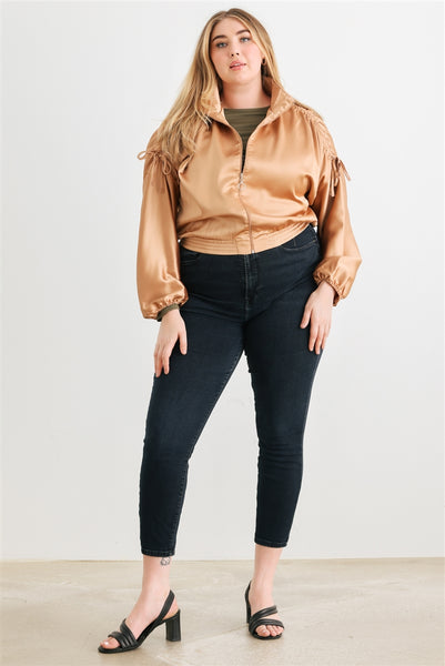 Junior Satin Zip-Up Ruched Long Sleeve Cropped Bomber Jacket