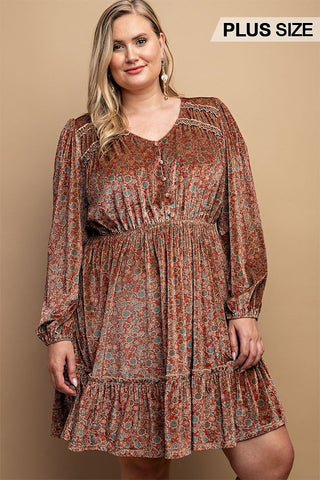 Printed Velvet V-Neck Dress with Button Front Detail