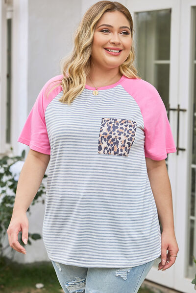 Plus Size Striped Leopard Round Neck T-Shirt