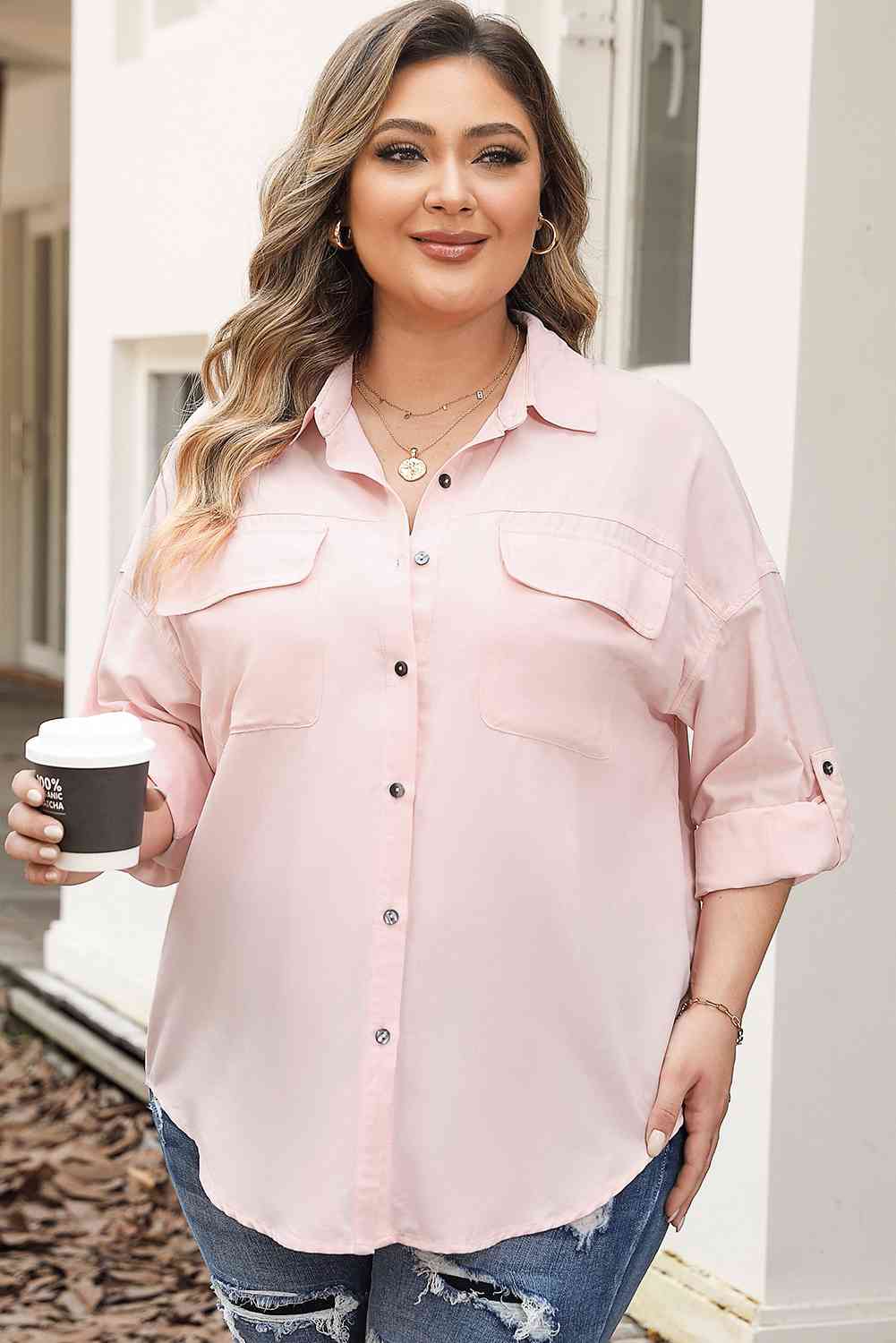 Plus Size Collared Neck Button Front Long Sleeve Shirt