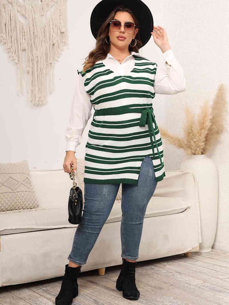 Plus Size Striped Colared Neck Tied Front Sweater Vest