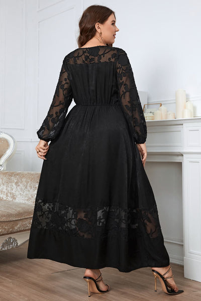 Plus Size Embroidery Round Neck Long Sleeve Maxi Dress
